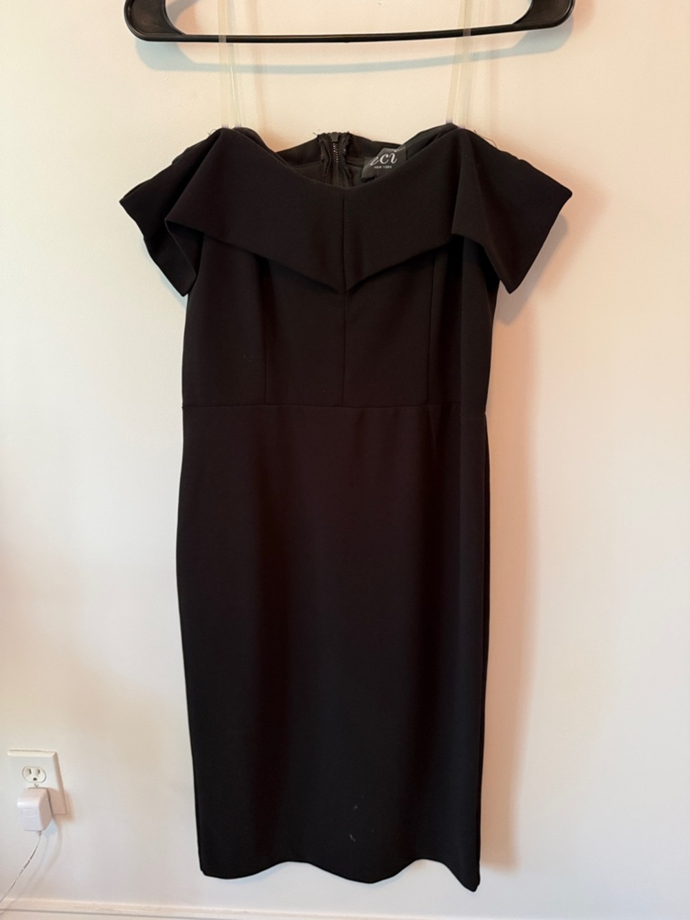 ECI Black Off the -Shoulder Fold-Over Sheath Dress